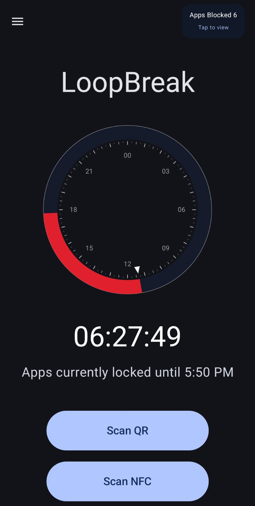 LoopBreak locked screen with QR and NFC unlock options