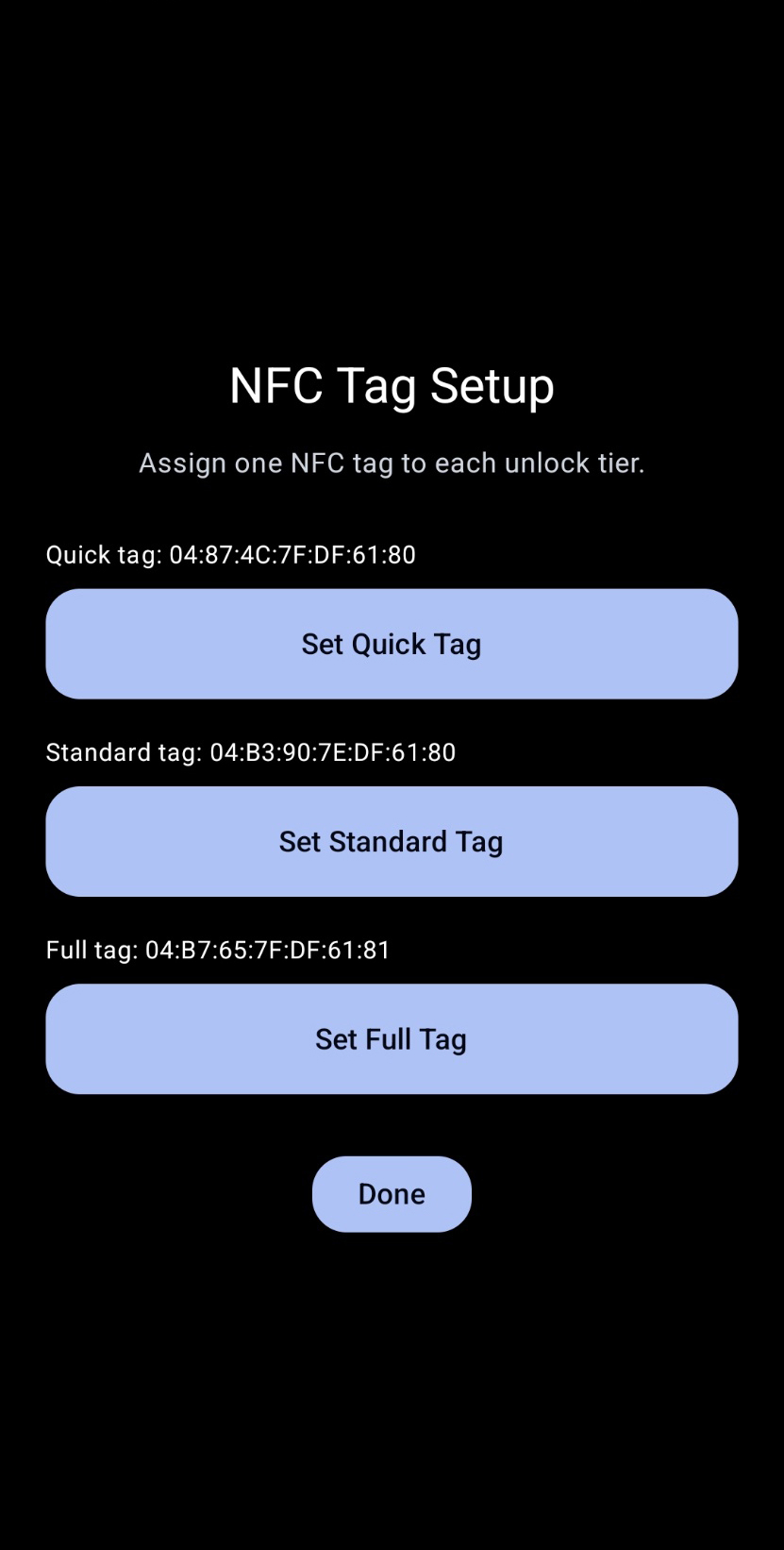 LoopBreak NFC tag setup screen