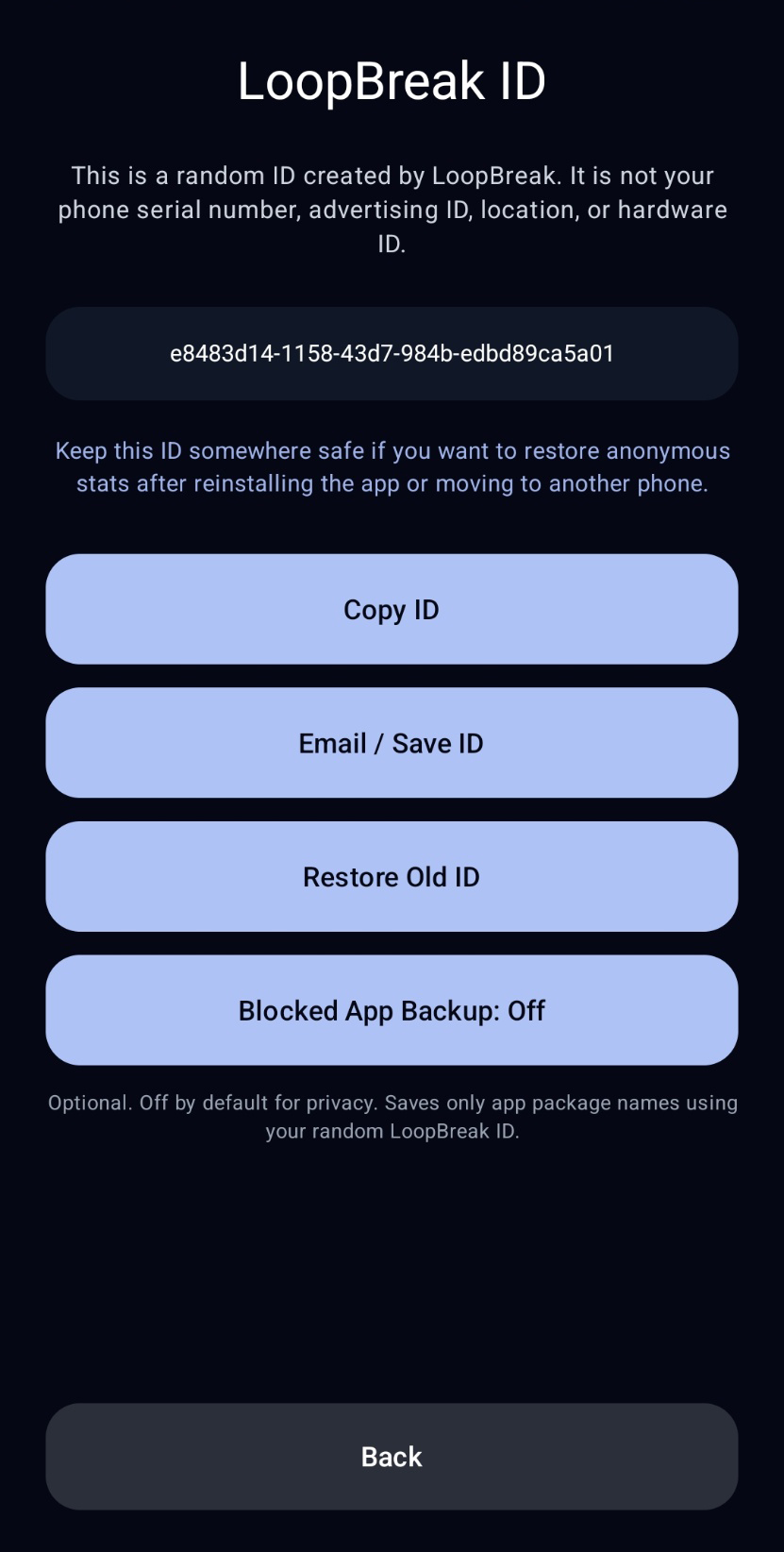 LoopBreak profile restore screen
